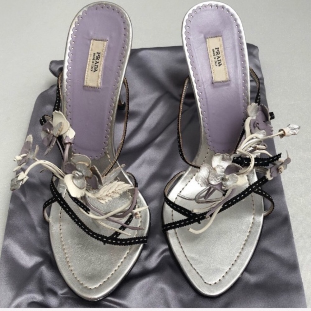 Neiman Marcus 95th anniversary Prada silver metallic and black floral heels